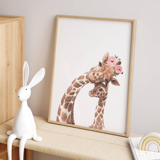 giraffe with pink flower crown girl nursery wall art