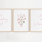 Three framed prints with floral and text design on a white wall.