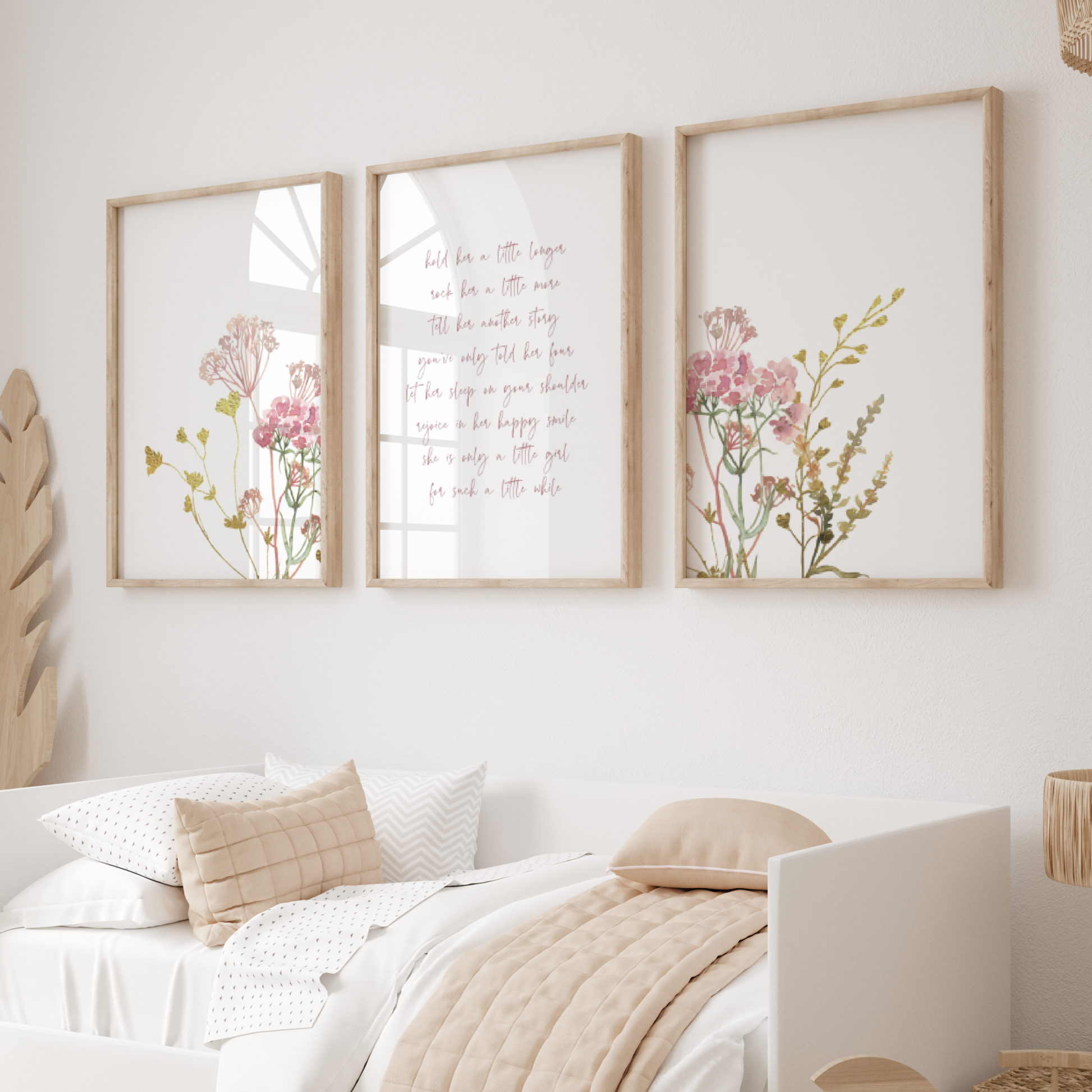 girl nursery wall art set of 3 with pink flowers and nursery quote