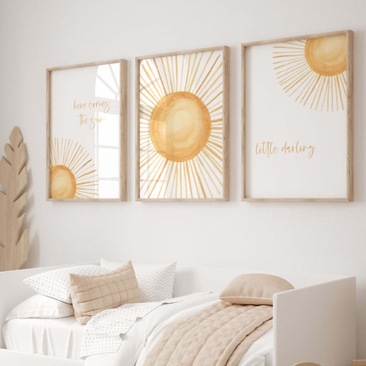 Here comes the sun nursery wall art set of 3 prints with yellow sunshine