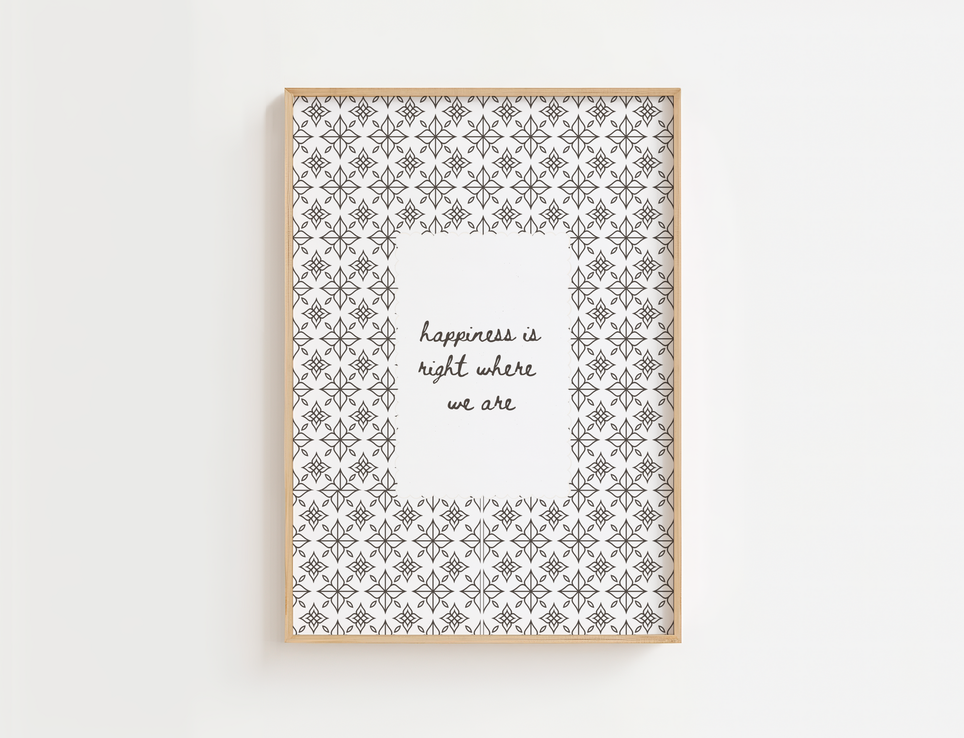Framed print with decorative pattern and text on a white background