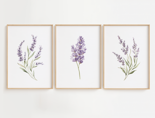 Lavender flower wall art set of 3 with sage leaves. Framed floral all art for kitchen, living room, bathroom or bedroom.
