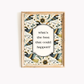 Decorative print with floral and bird design and text 'What’s the best that could happen?' in a gold frame.
