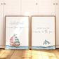 Two framed prints with nautical and ocean-themed designs on a wooden floor.