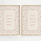 Two framed prints with floral designs and romantic text on a white background