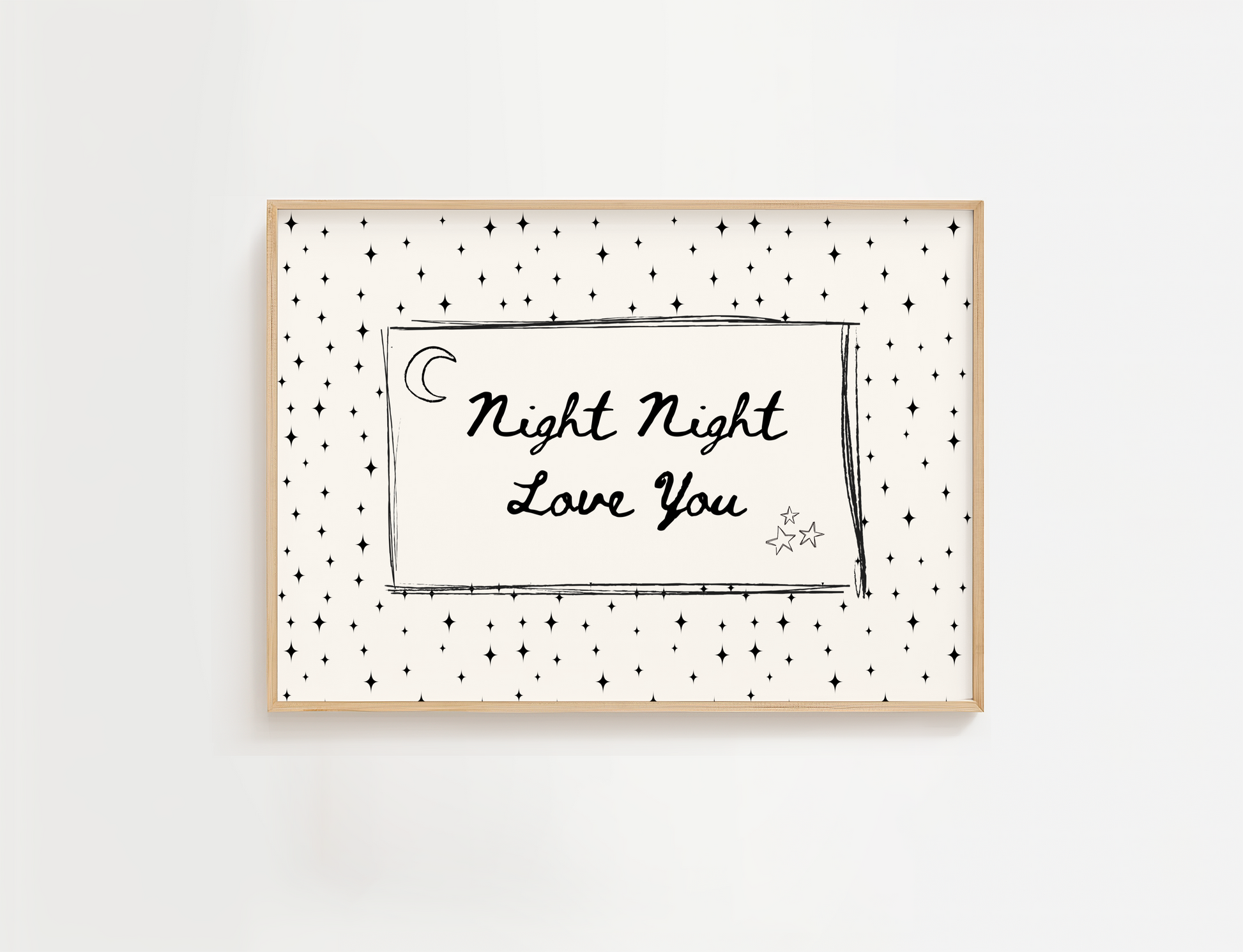 Framed artwork with 'Night Night Love You' text on a starry background