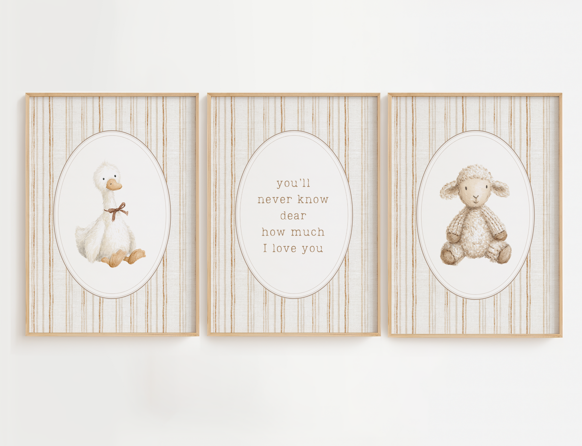 Nursery Animal Wall Art Set of 3, featuring a gentle goose and a cozy lamb in a charming cottagecore style. Designed with vintage-inspired details and warm neutral tones, these prints bring a peaceful, nostalgic feel to your baby’s space. Each illustration captures a sense of calm and simplicity, perfect for creating a soothing and inviting nursery atmosphere.