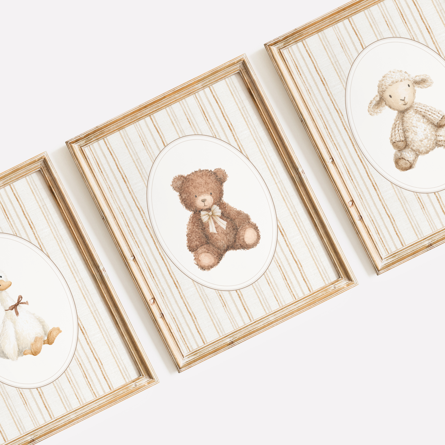 Three framed illustrations of teddy bears on a white background