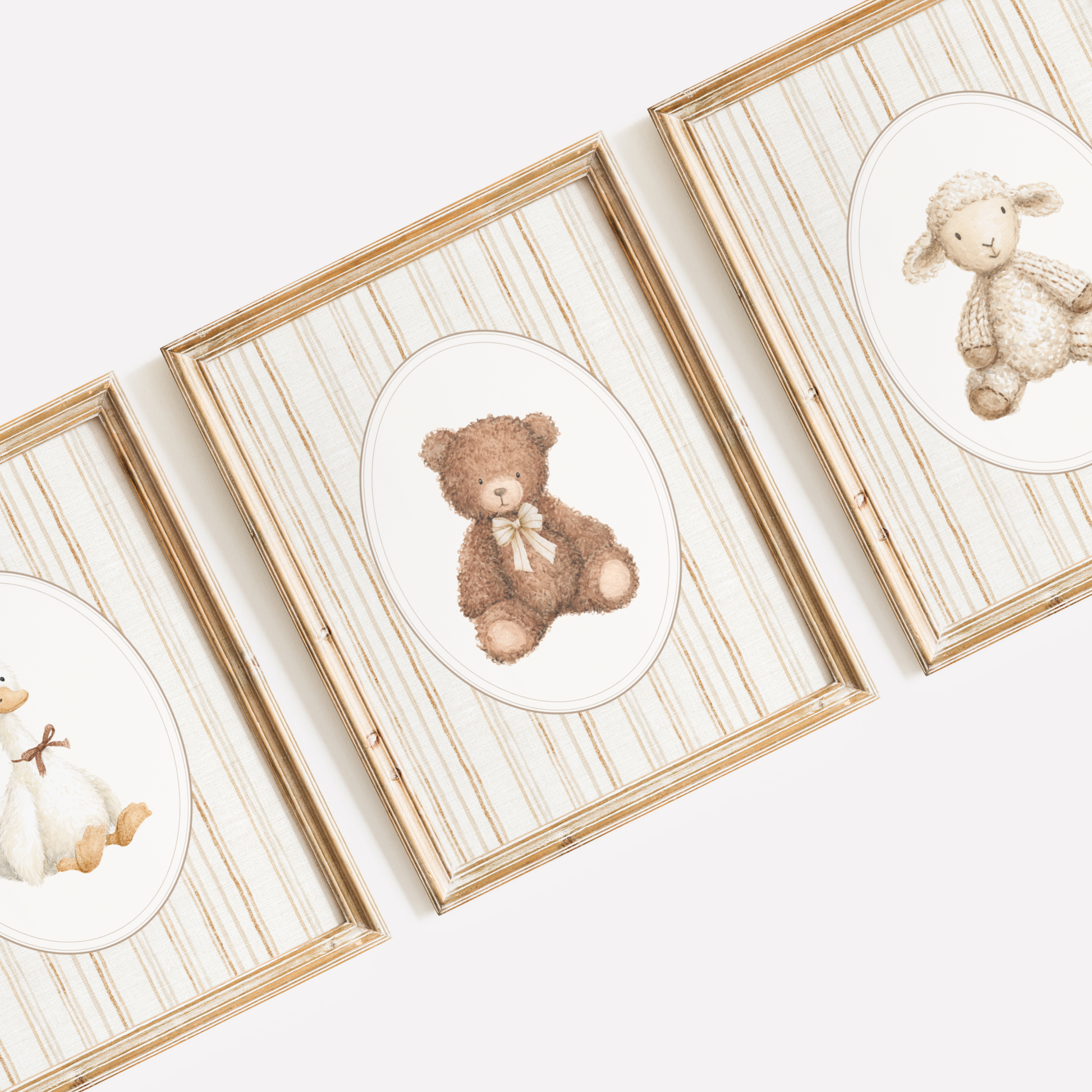 Three framed illustrations of teddy bears on a white background