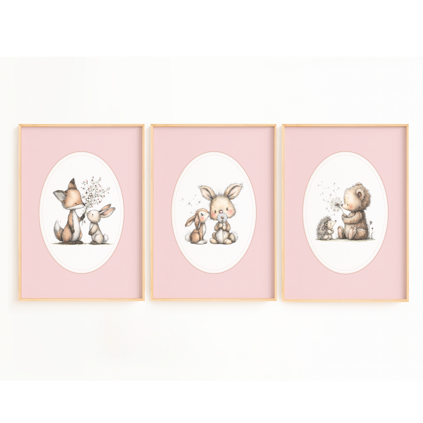 Nursery Prints Animals, Baby Room Wall Art Pink Vintage, Bear and Rabbit Print, Girl Decor Set of 3, Baby Shower Gift Cottagecore