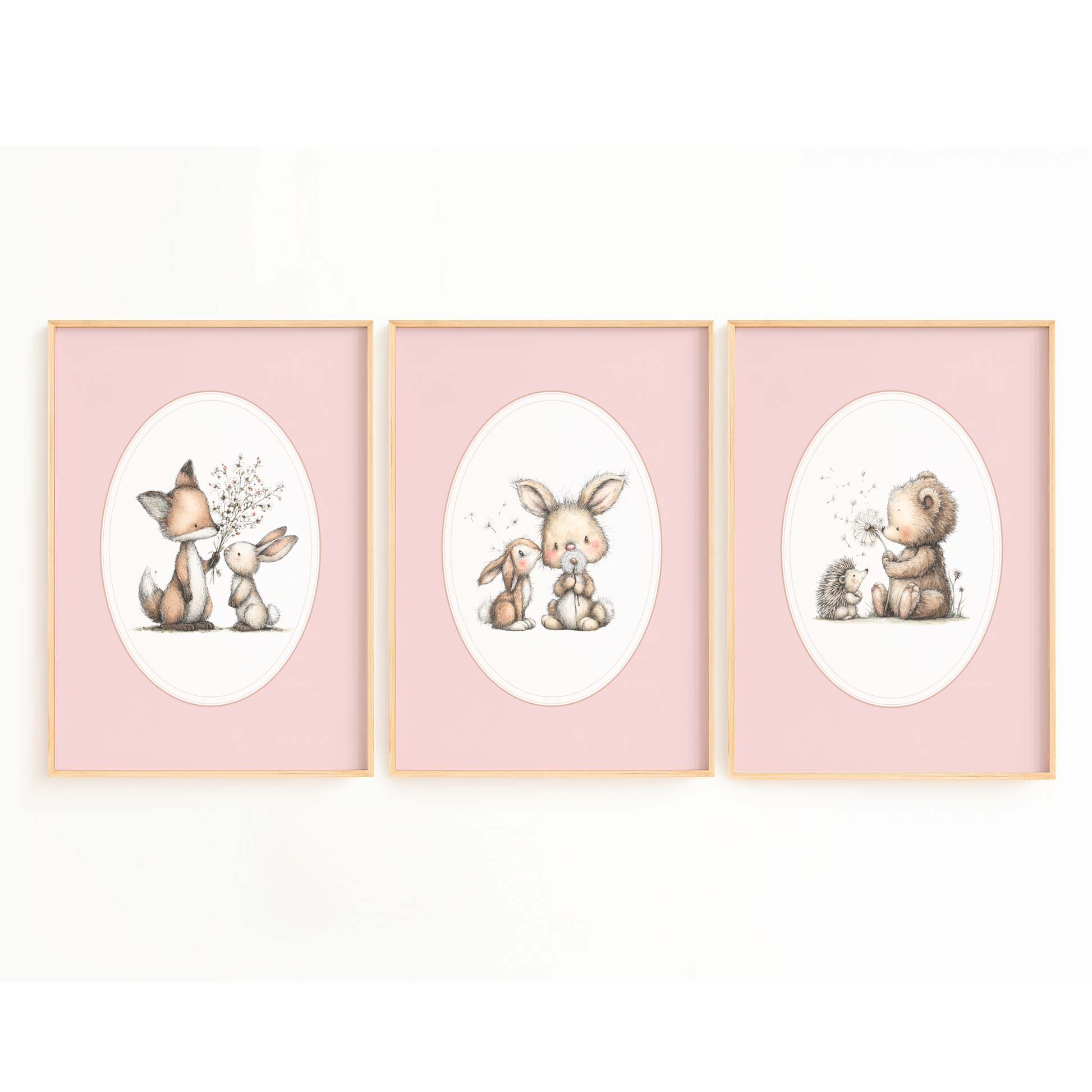 Nursery Prints Animals, Baby Room Wall Art Pink Vintage, Bear and Rabbit Print, Girl Decor Set of 3, Baby Shower Gift Cottagecore
