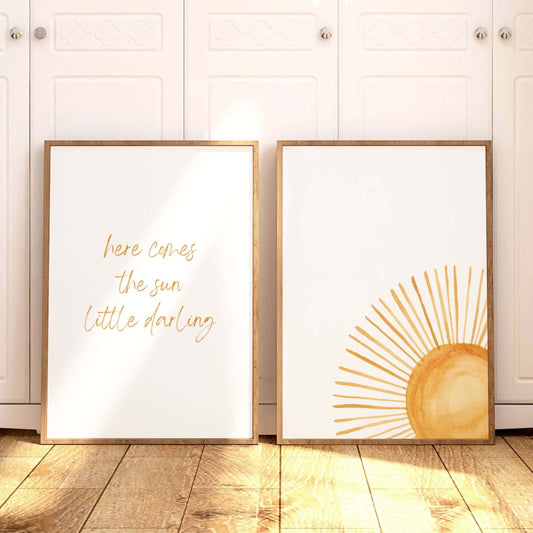 nursery wall art set of 2 printes with sunshine and here comes the sun lyrics