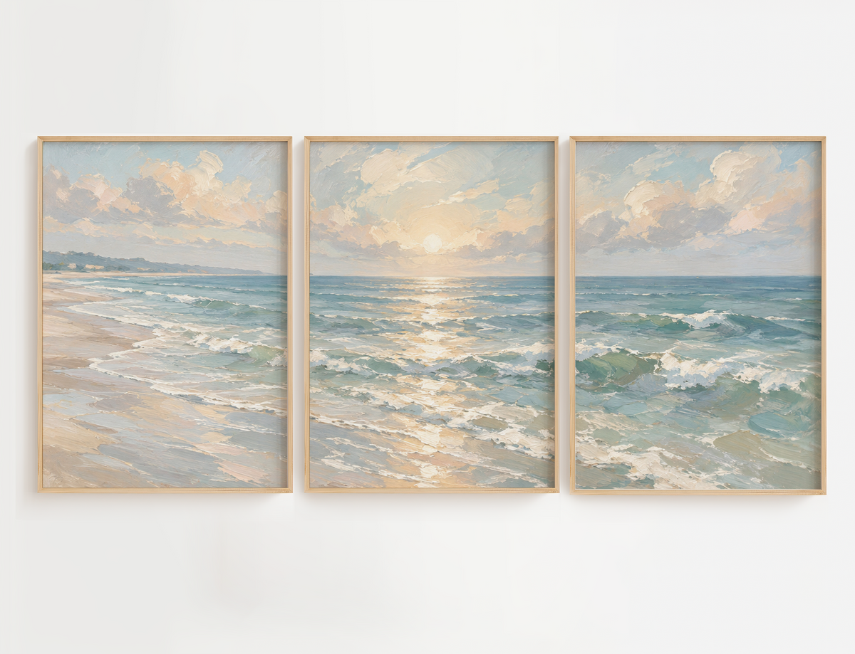 Blue and beige coastal wall art set featuring three ocean seascape prints