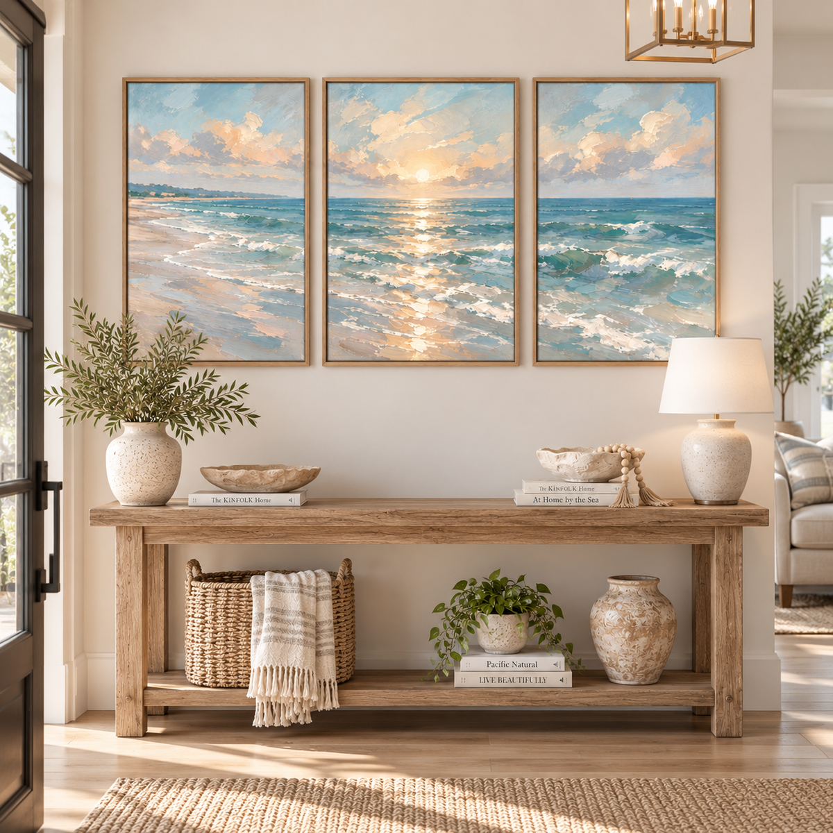 Coastal ocean prints displayed as a set of three above an entry way table