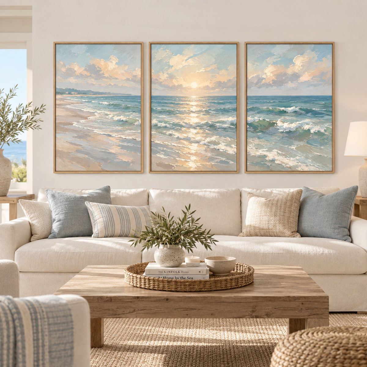 Coastal ocean prints displayed as a set of three above a living room sofa