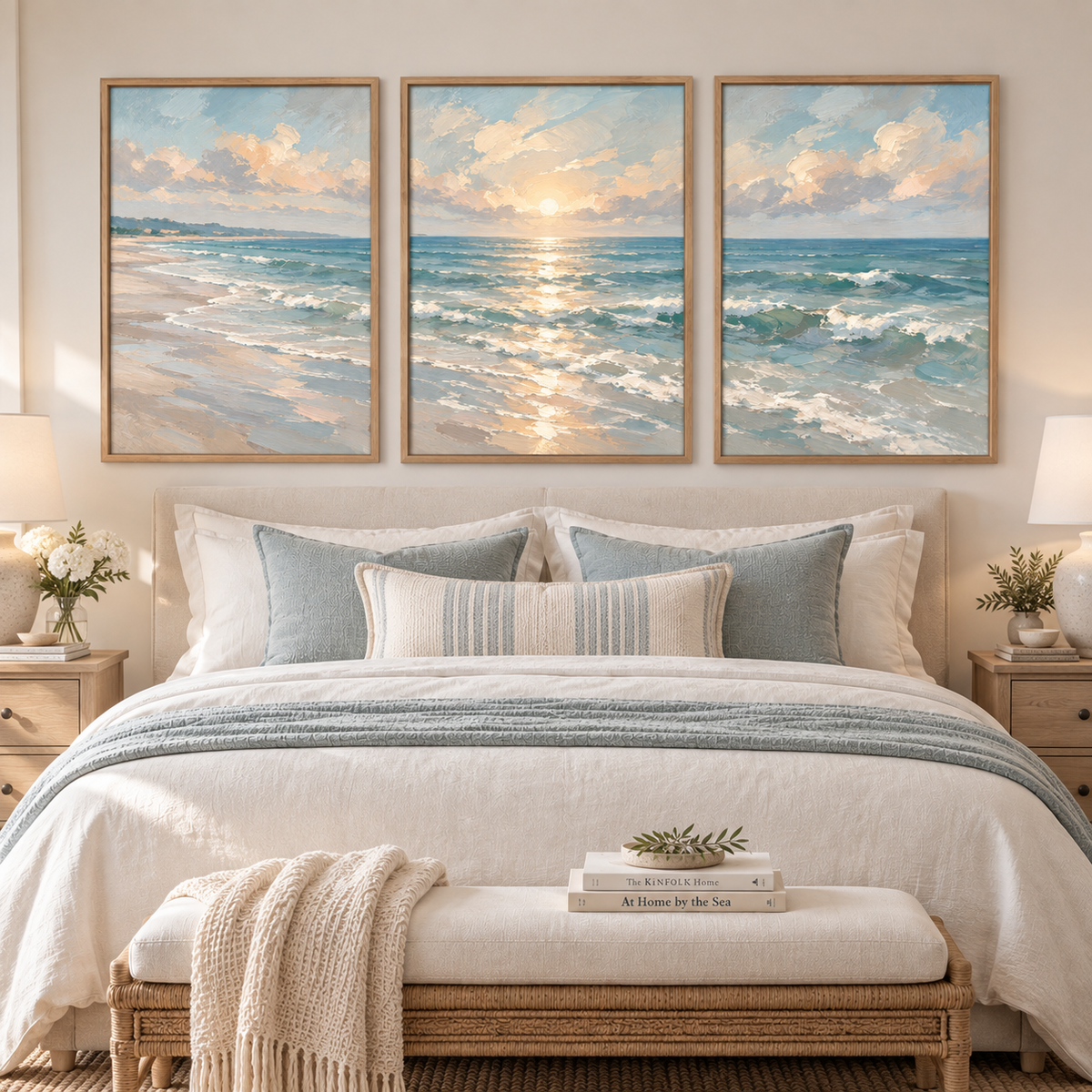 Ocean seascape wall art set displayed in a coastal bedroom