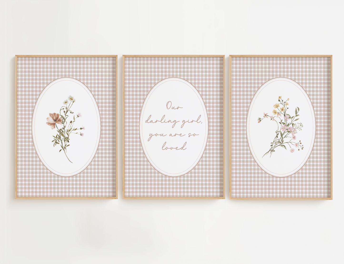 Three framed prints with floral designs and text on a white background