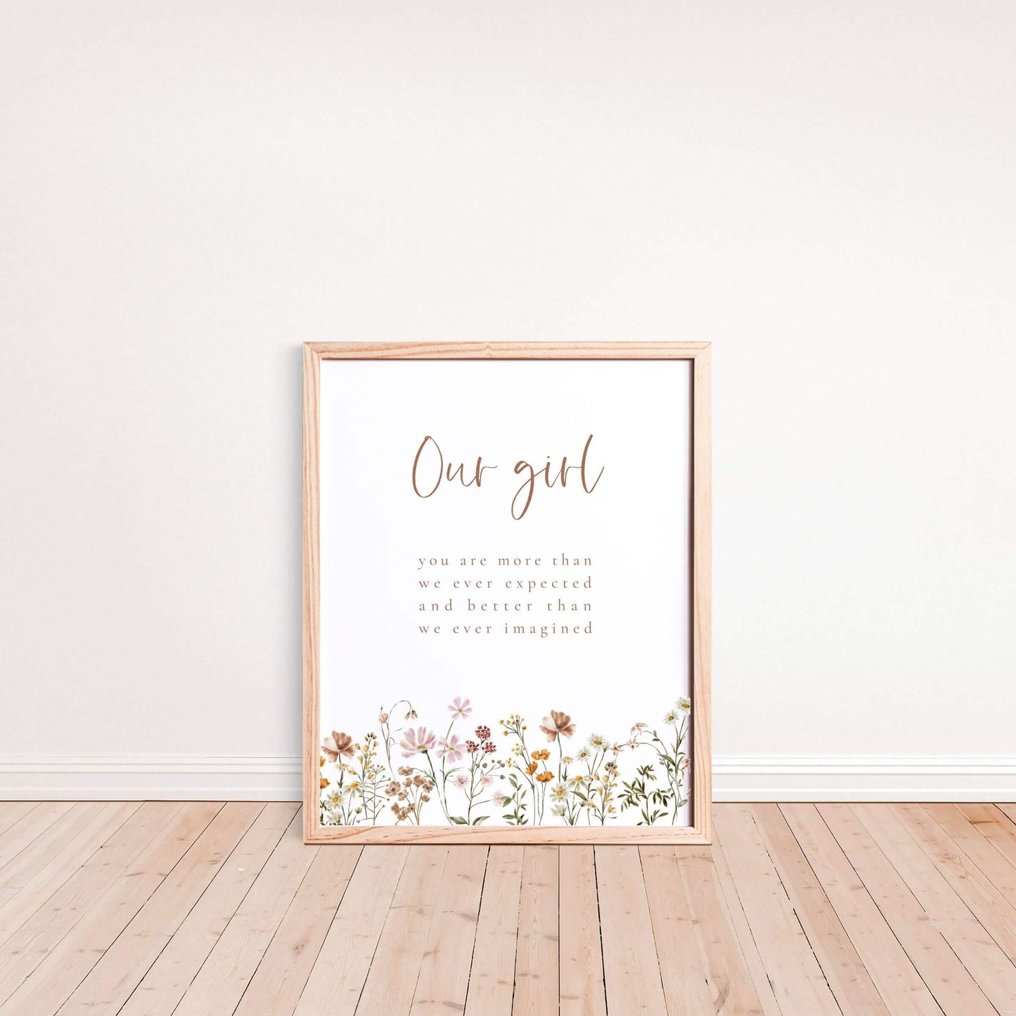 Our girl wall art with wildflowers in a wood frame