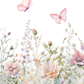 Watercolor floral artwork featuring two pink butterflies above a soft field of pastel flowers and green stems on a white background.