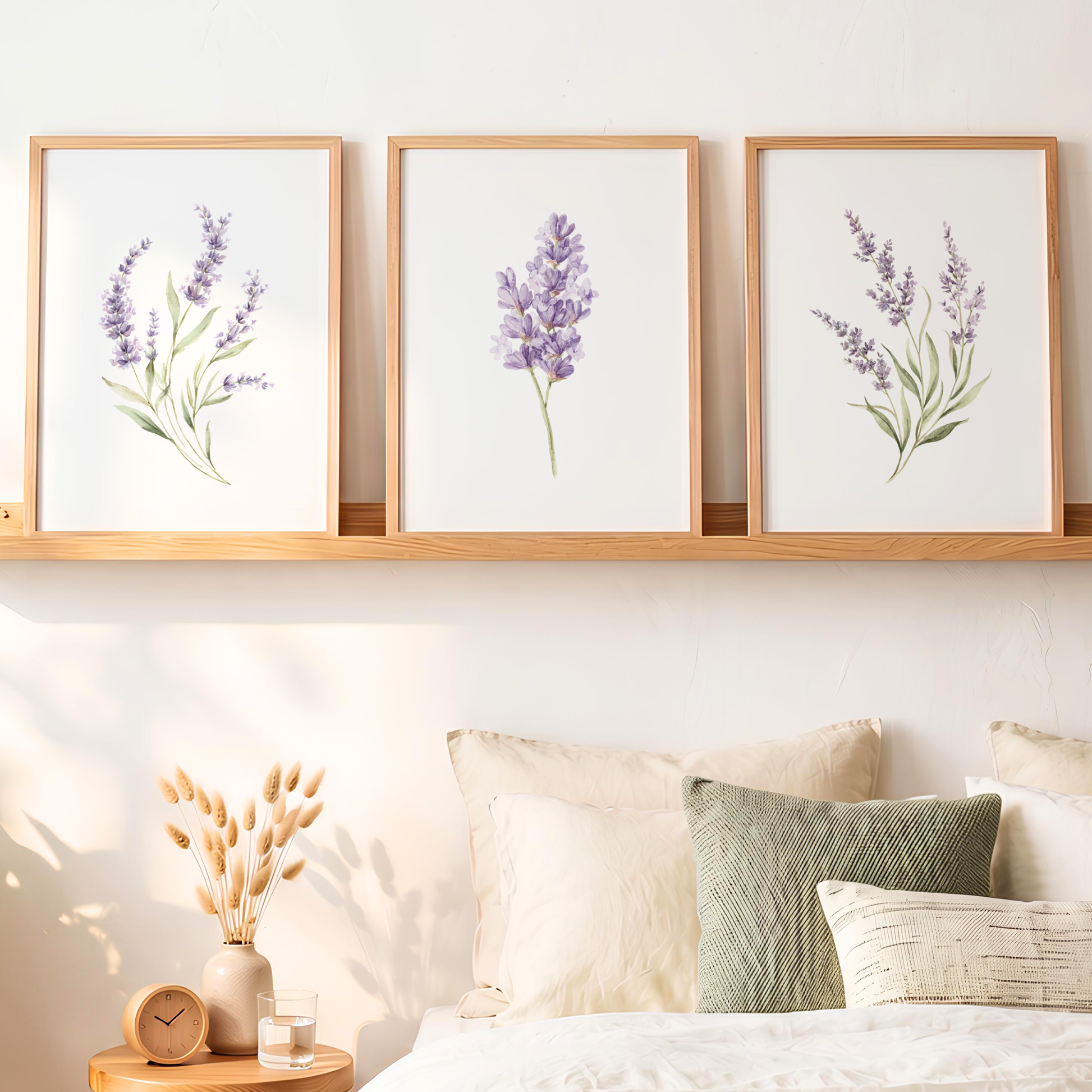 Lavender flower wall art set with sage leaves on a shelf above a bed in a bedroom.