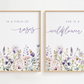 Two framed floral wall art prints hanging side by side on a light wall. The left print reads 'IN A FIELD OF roses' and the right print reads 'SHE IS A wildflower,' both featuring watercolor-style purple, lavender, pink, and green flowers with small yellow bees.