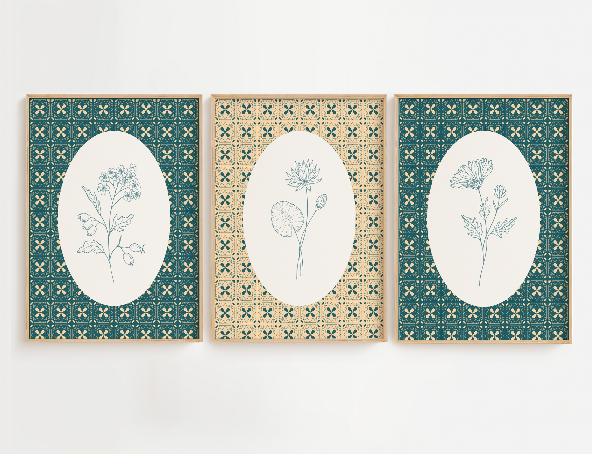 Three framed botanical prints with decorative patterns on a white background