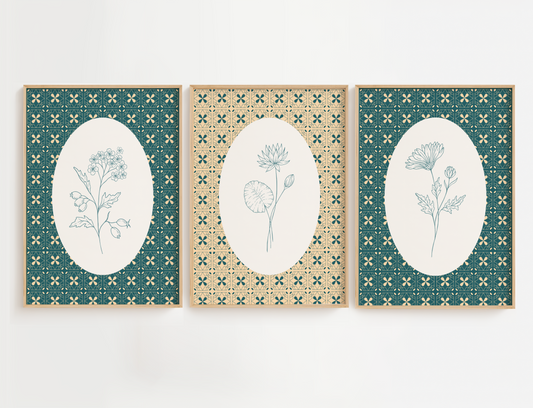 Three framed botanical prints with decorative patterns on a white background
