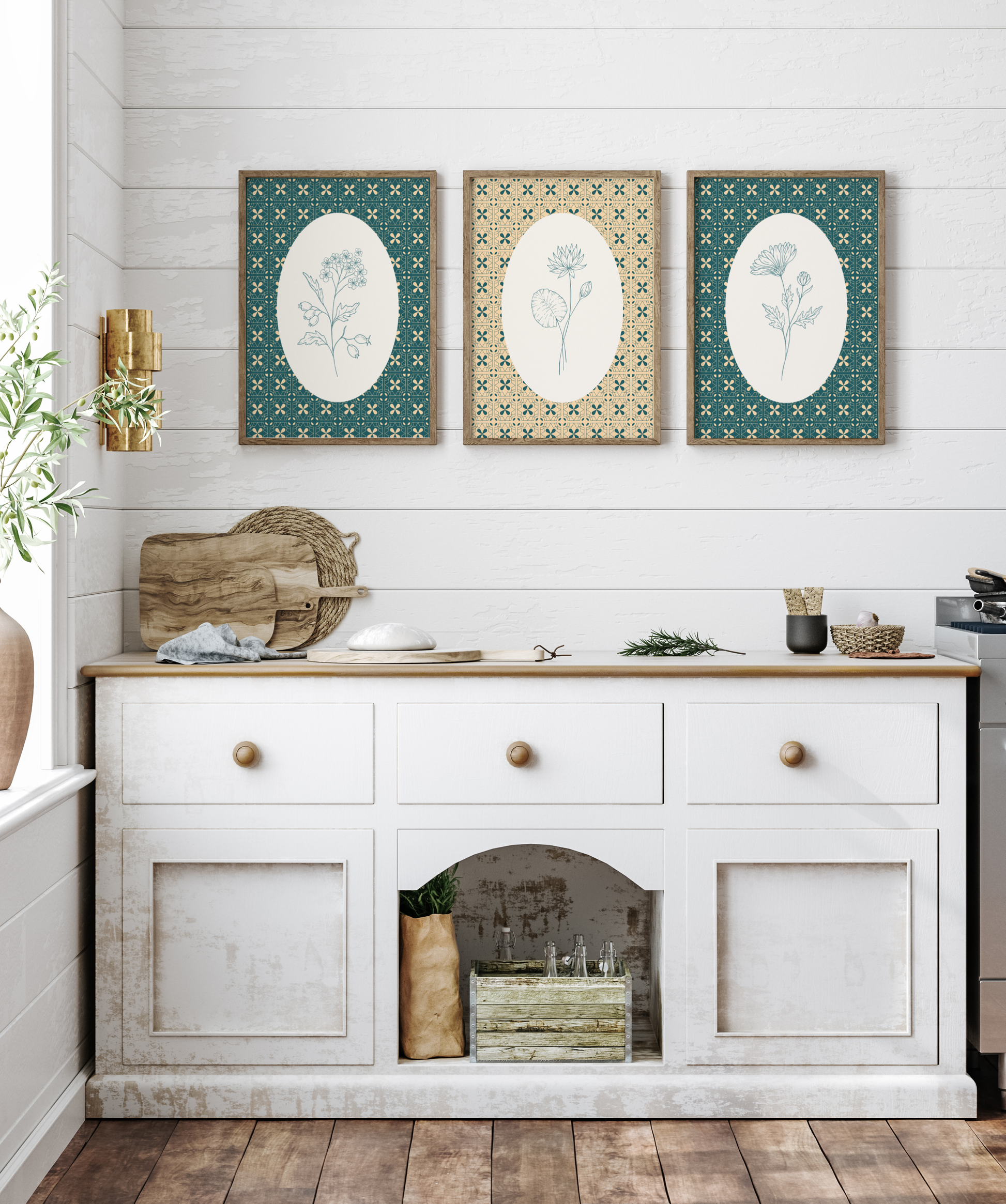 Kitchen with white cabinets, wooden countertop, and decorative wall art.