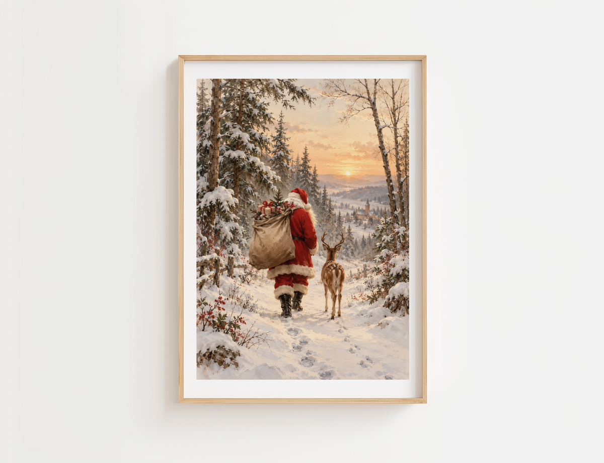 Vintage Santa wall art featuring Santa Claus carrying Christmas gifts beside a spotted reindeer on a snowy woodland path at sunset.