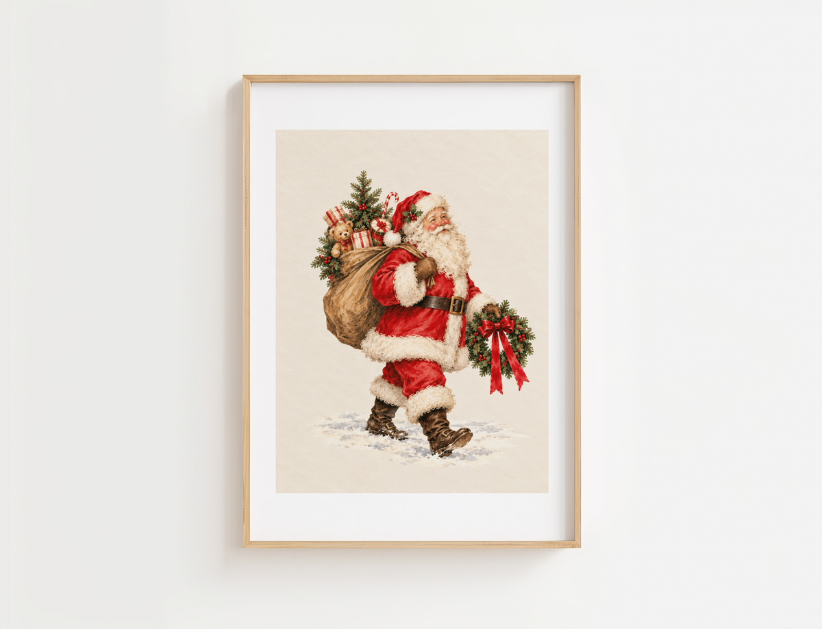 Vintage Santa Christmas wall art featuring Santa Claus in a red suit carrying a sack of toys, a Christmas tree, and a festive wreath with a red bow on a cream background.