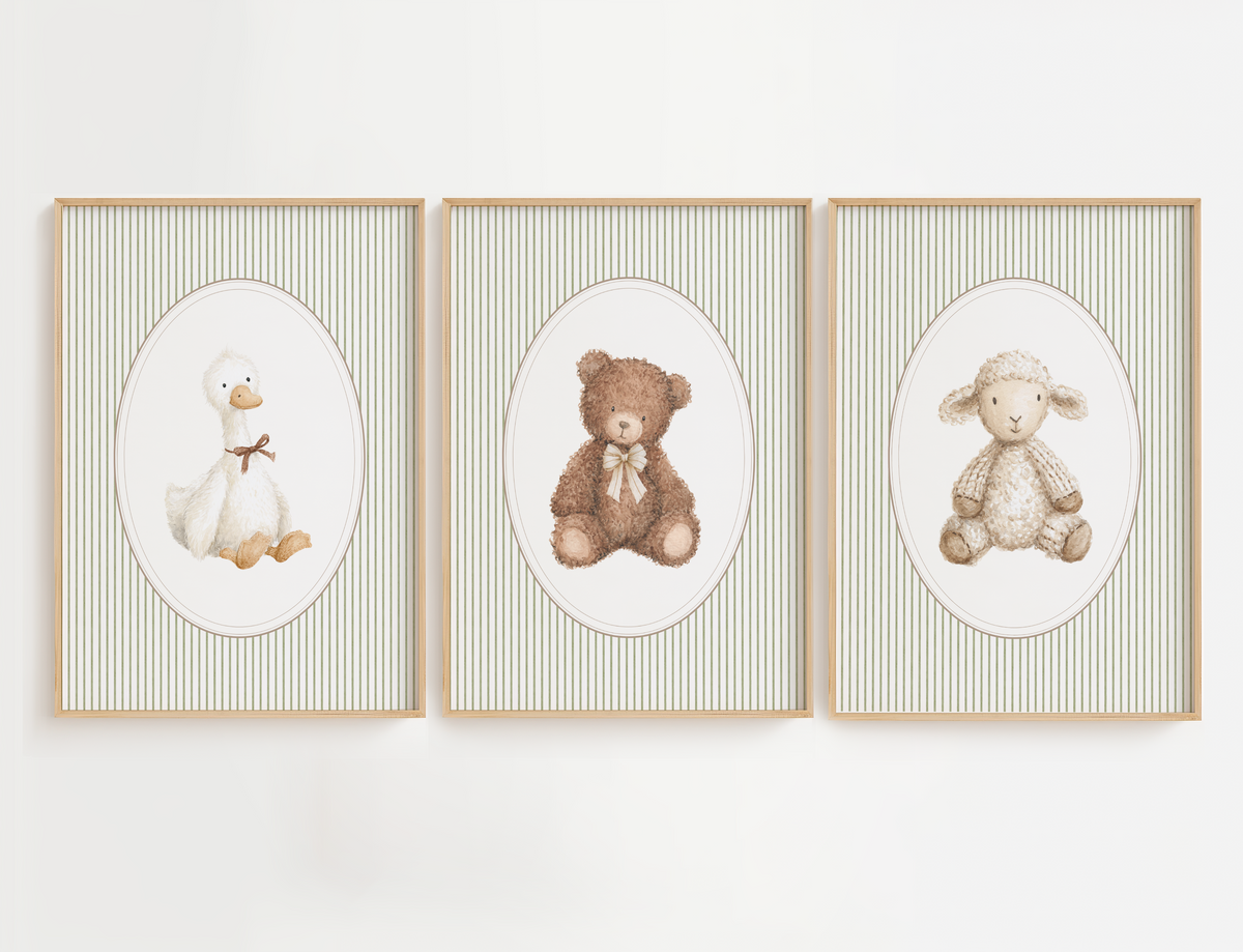 Vintage bear, lamb and goose nursery wall art featuring watercolor animals with bows and a green stripe background. Gender neutral nursery wall decor for baby girls or boys.