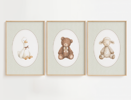 Vintage bear, lamb and goose nursery wall art featuring watercolor animals with bows and a green stripe background. Gender neutral nursery wall decor for baby girls or boys.