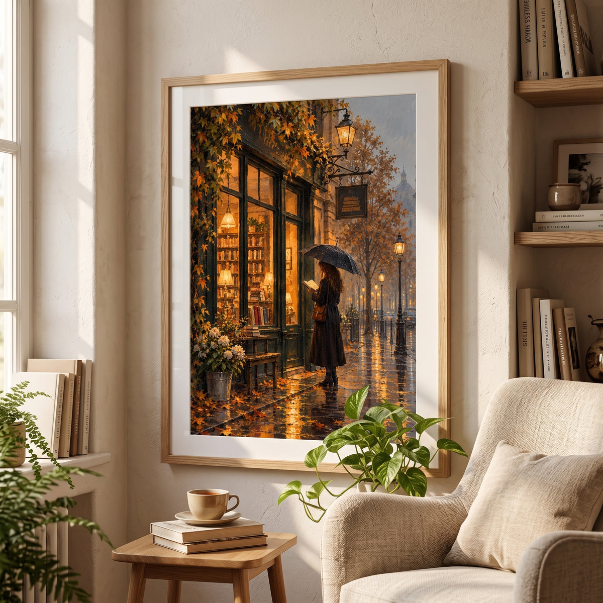 Vintage bookstore wall art featuring a cozy rainy autumn street scene, displayed in a natural wood frame with white matting above a reading nook chair, surrounded by bookshelves, warm fall decor, and soft natural light.