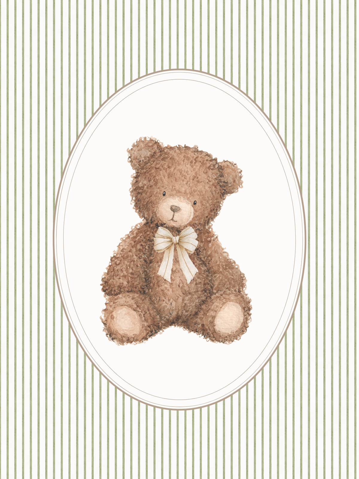 Vintage teddy bear nursery wall art featuring a watercolor brown teddy bear with a cream bow in an oval frame. Gender neutral nursery wall decor for baby girls or boys.