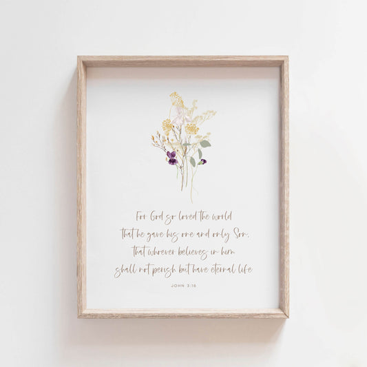 John 3:16 wall art with wildflower bouquet of flowers