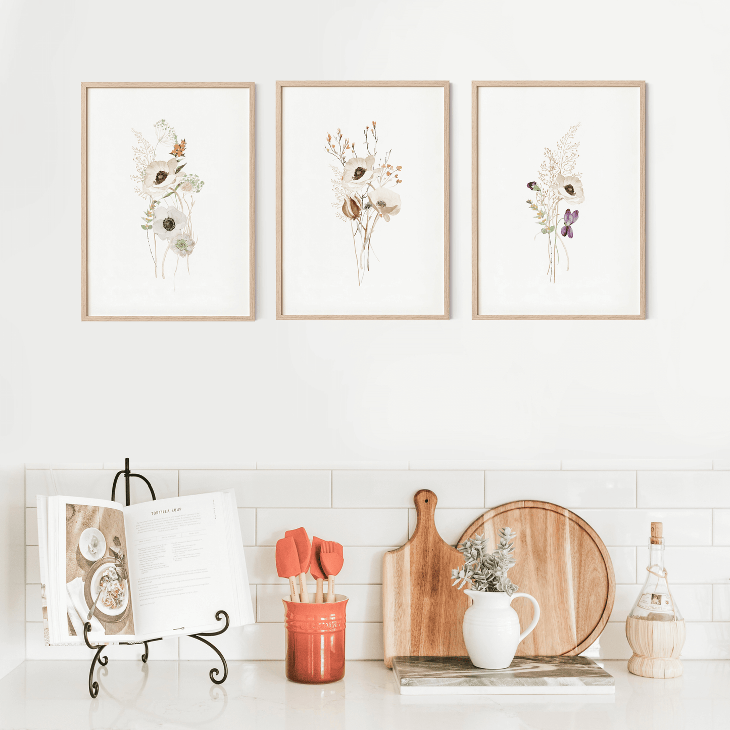 Flower wall art featuring purple and white wildflowers. Flower set of 3 for above the bed, above the couch or in a nursery above the crib.