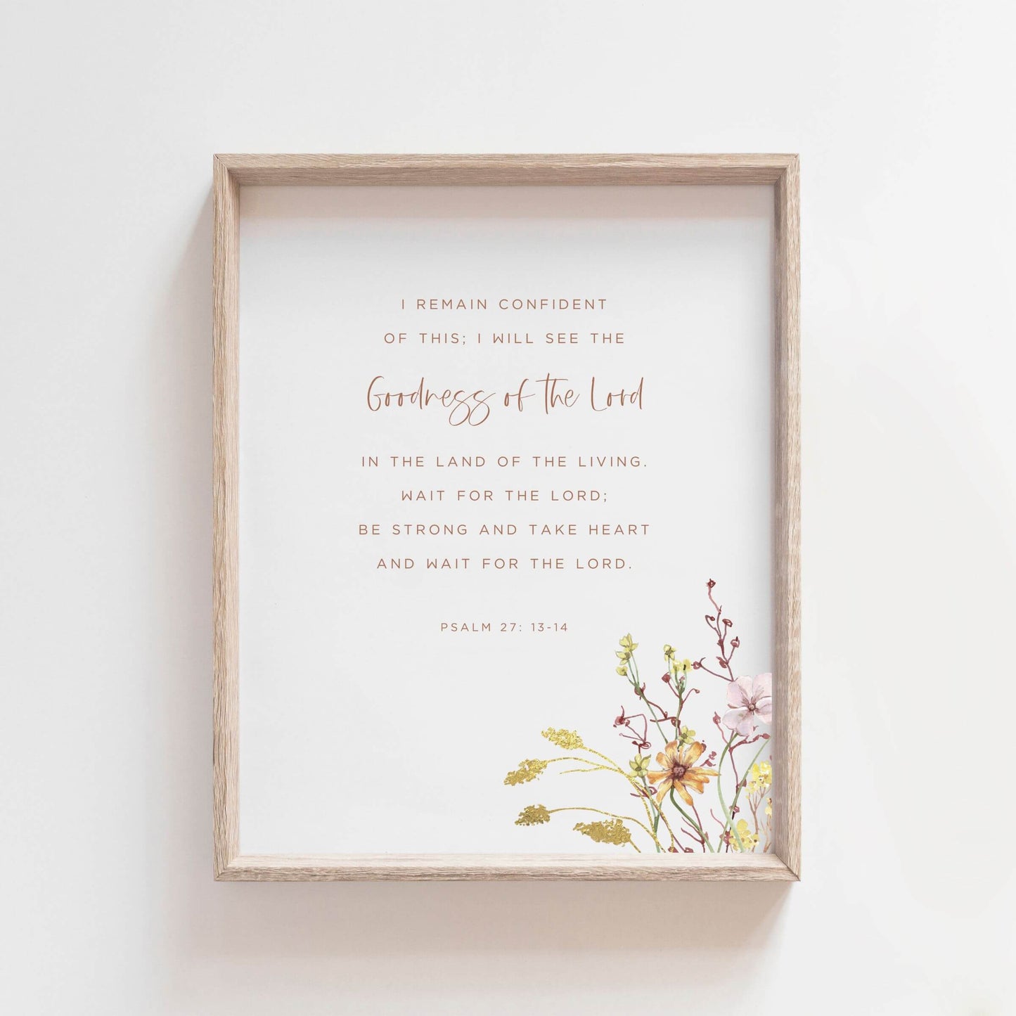 Psalm 27 wall art with bible verse and wildflowers in a simple wood frame