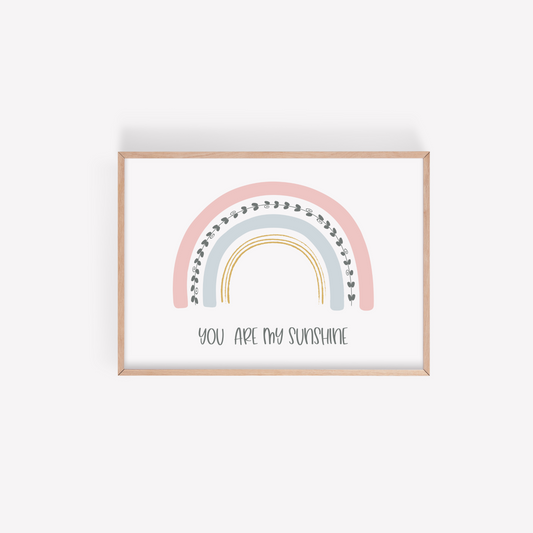 Rainbow nursery wall art featuring pastel colors and nursery quote, You Are My Sunshine. Girl nursery wall art.