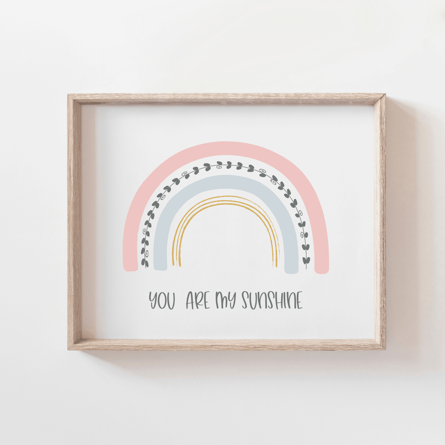 Rainbow nursery wall art featuring pastel colors and nursery quote, You Are My Sunshine. Girl nursery wall art.