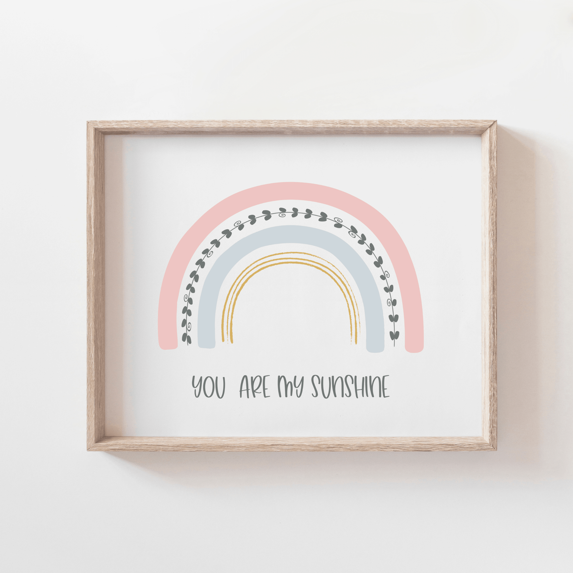 Rainbow nursery wall art featuring pastel colors and nursery quote, You Are My Sunshine. Girl nursery wall art.