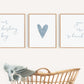 Our darling boy you are so loved nursery wall art set of 3 hanging above a bassinet.