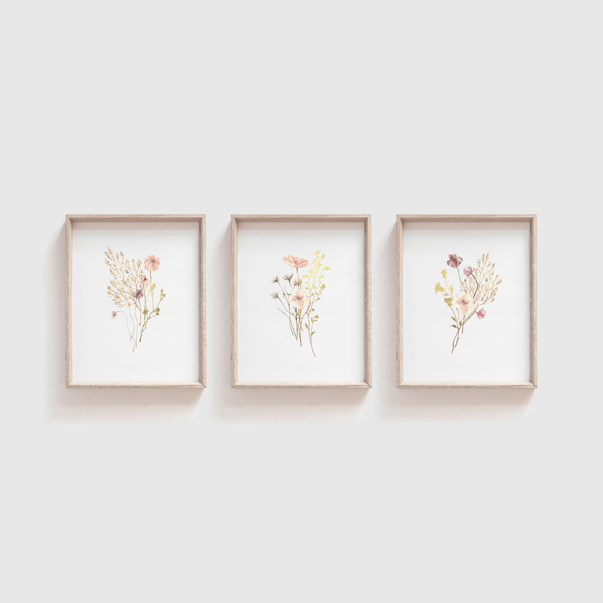 Vintage pink and purple flower wall art in a set of 3 designs