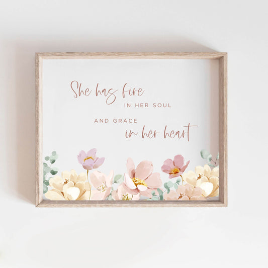 she has fire in her soul and grace in her heart girl nursery wall art with pink flowers