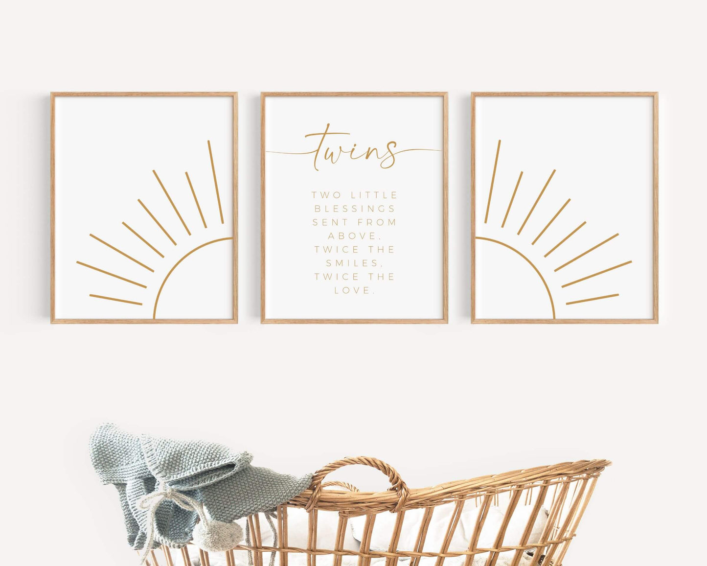 Twin Nursery Sunshine wall art is a high-quality printable wall decor set featuring a modern, boho style sunshine to complete the look of your twins' room.