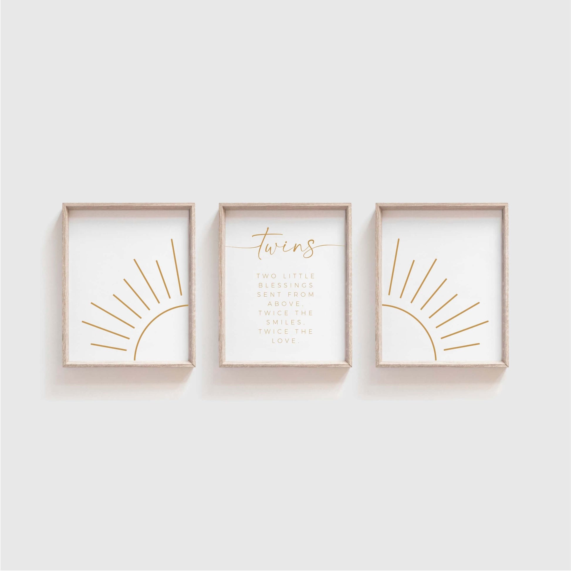 Twin Nursery Sunshine wall art is a high-quality printable wall decor set featuring a modern, boho style sunshine to complete the look of your twins' room.