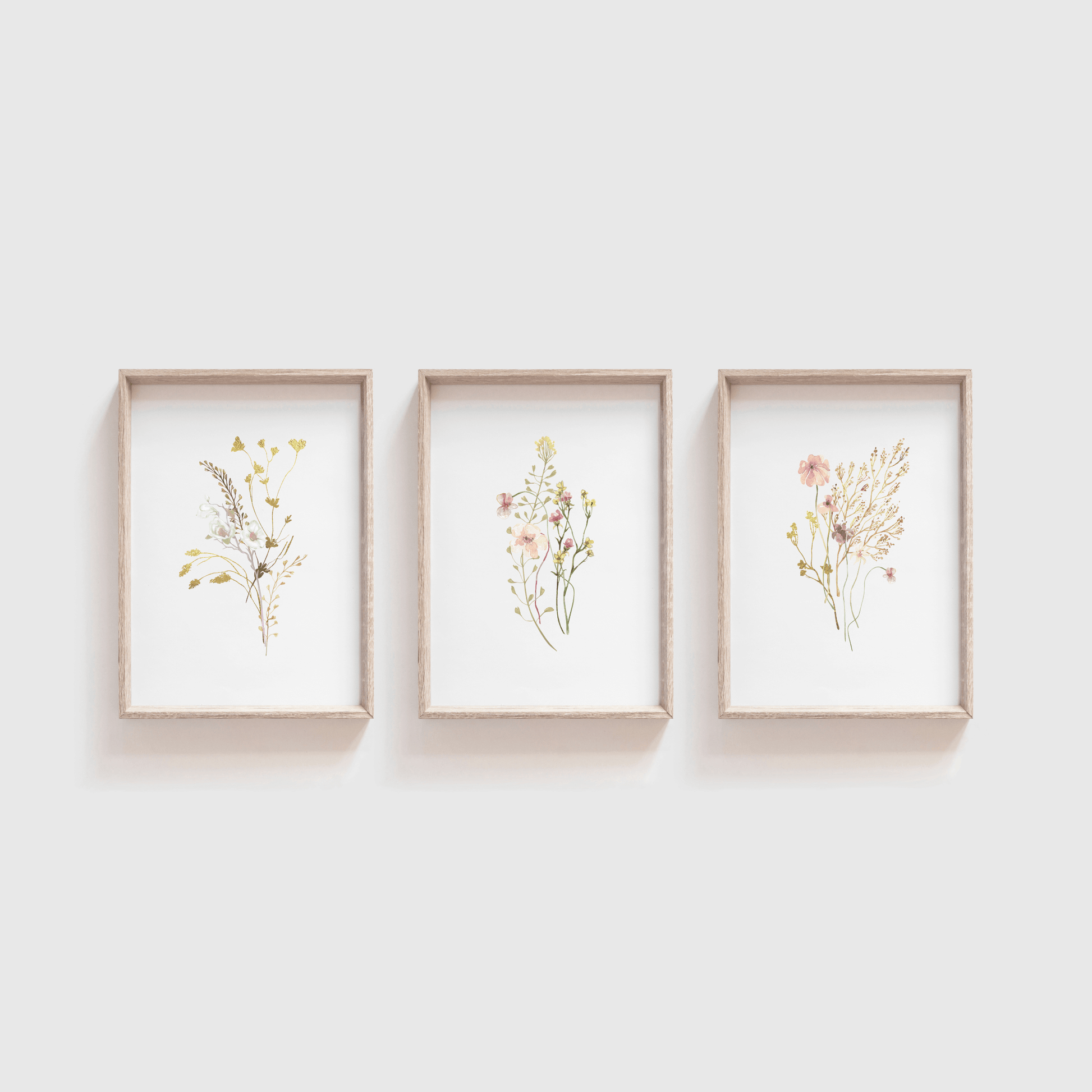 Pink and Yellow flower wall art with a vintage style and a country farmhouse look. A set of 3 designs for a kitchen bedroom, nursery, or living room.